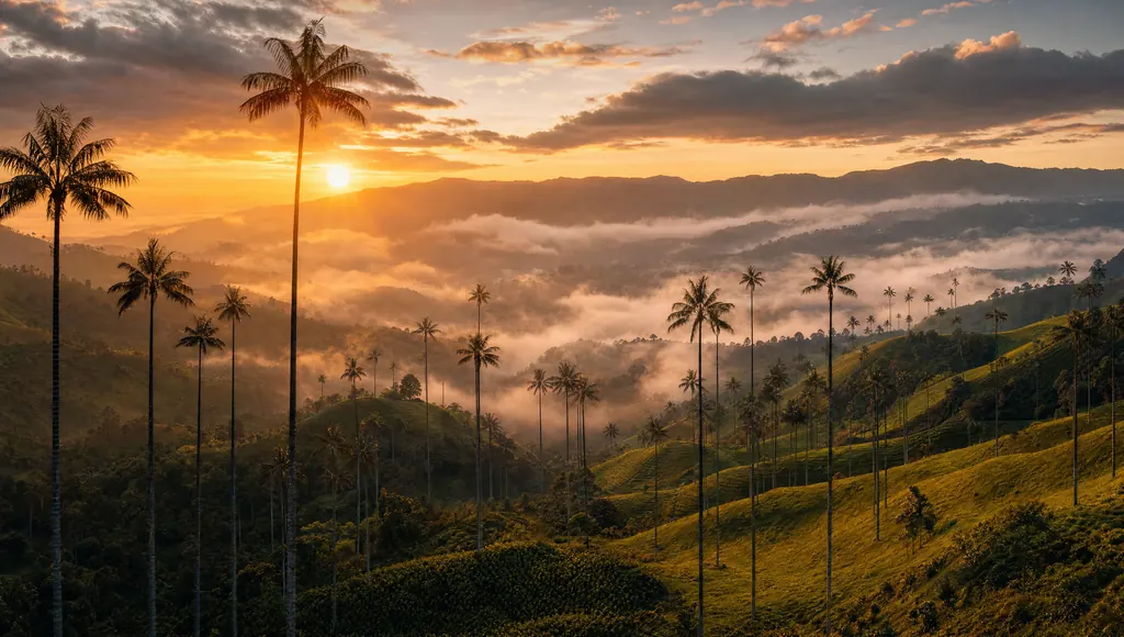 Valle con palmas de cera y niebla en el Quindío al amanecer