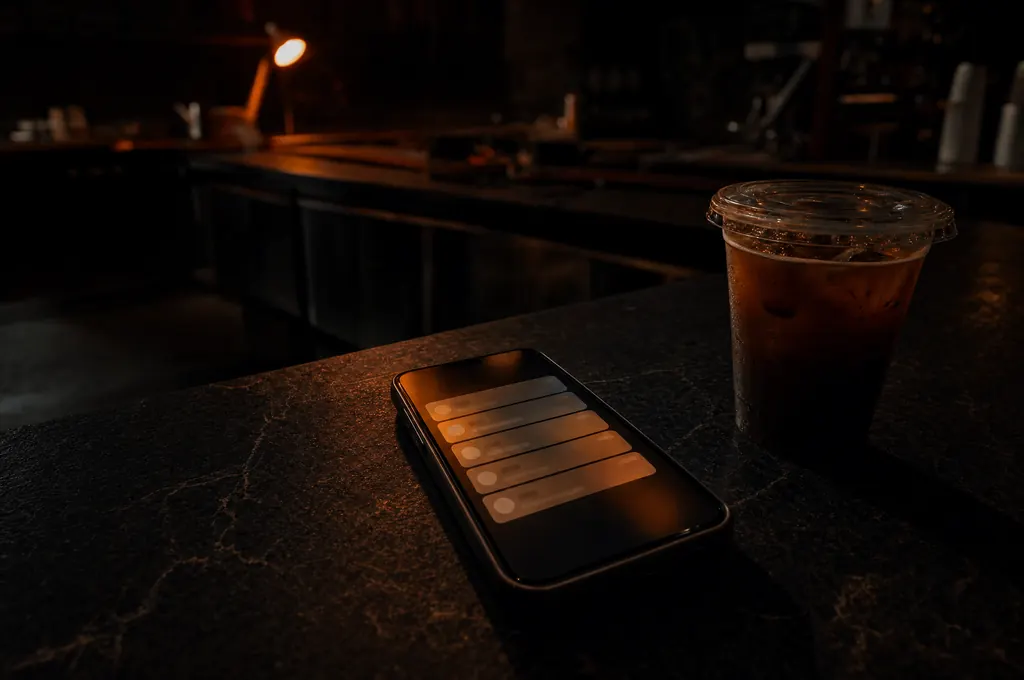 Teléfono con notificaciones de clientes sin responder sobre un mostrador a oscuras