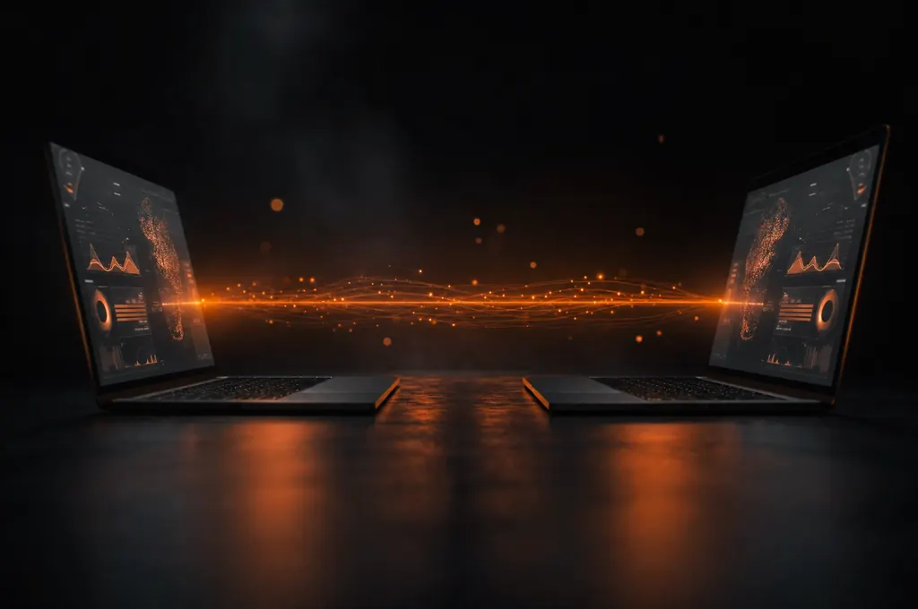 Dos portátiles conectados por un haz de luz naranja