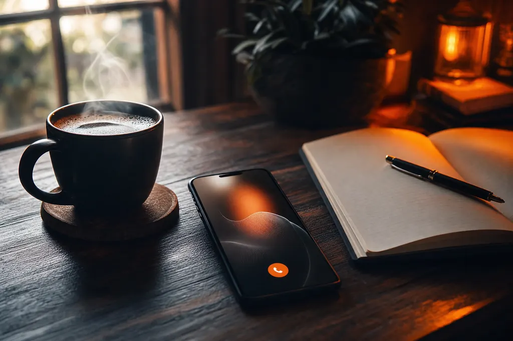Café colombiano junto a un teléfono con un mensaje entrante y una libreta