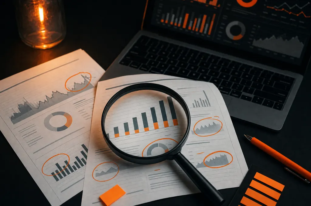 Lupa sobre reportes de rendimiento publicitario con puntos marcados en naranja