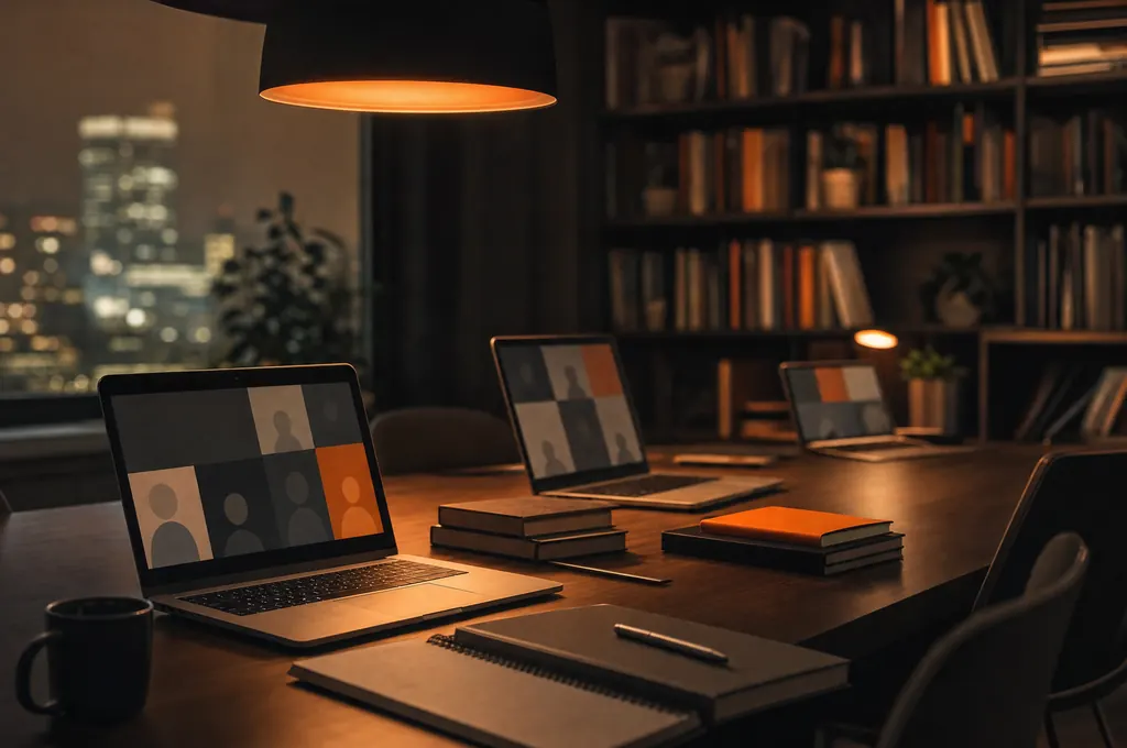 Sala de estudio con portátiles y libros en la noche