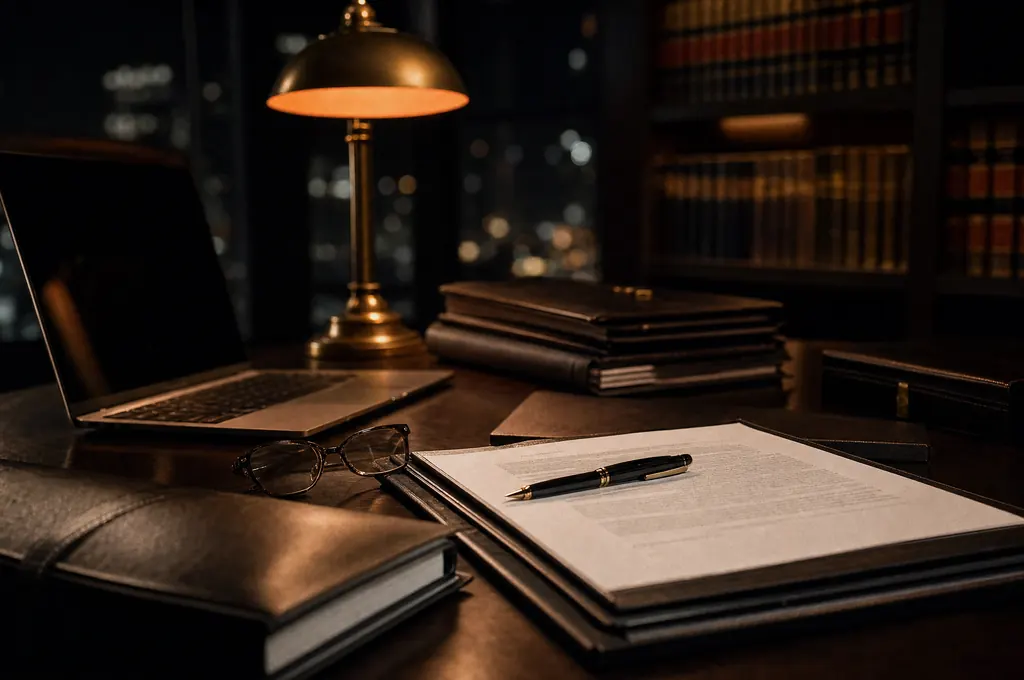 Escritorio de una firma de servicios profesionales con documentos y lámpara