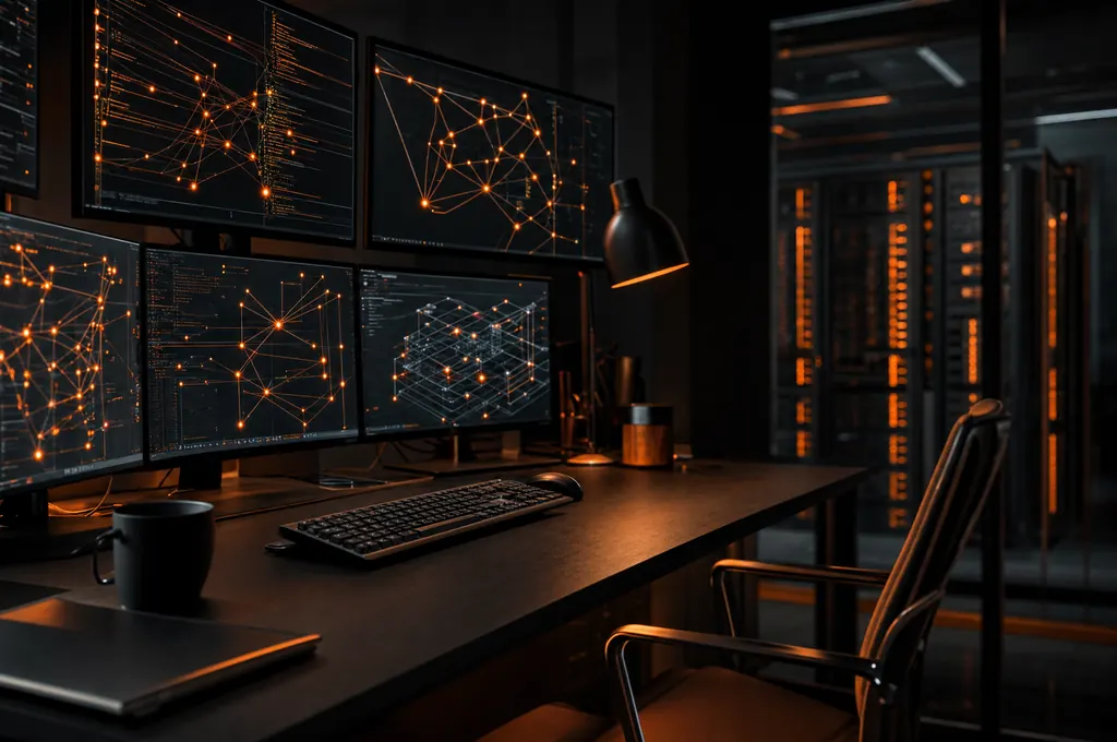 Espacio de trabajo de una empresa de tecnología con monitores y servidores