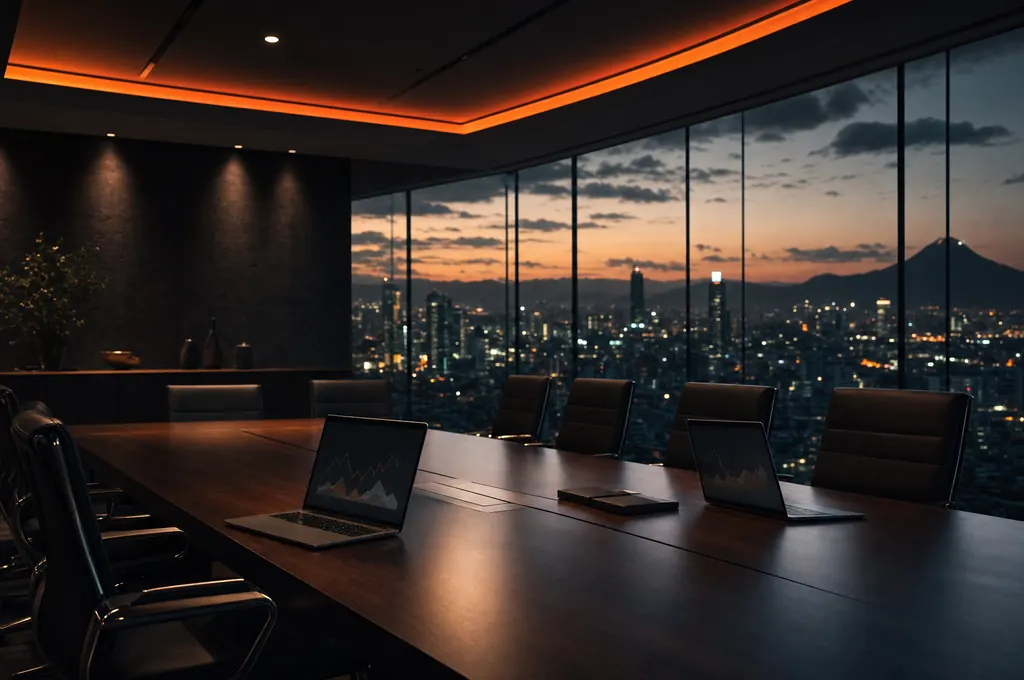 Sala de juntas corporativa con portátiles abiertos y la ciudad de fondo